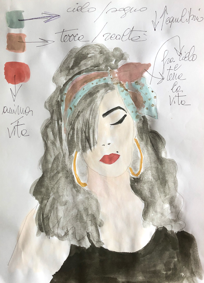 Acquarello di Amy Winehouse, realizzato a mano da Valeria Sechi come ispirazione per le fasce per capelli Vipuntozero