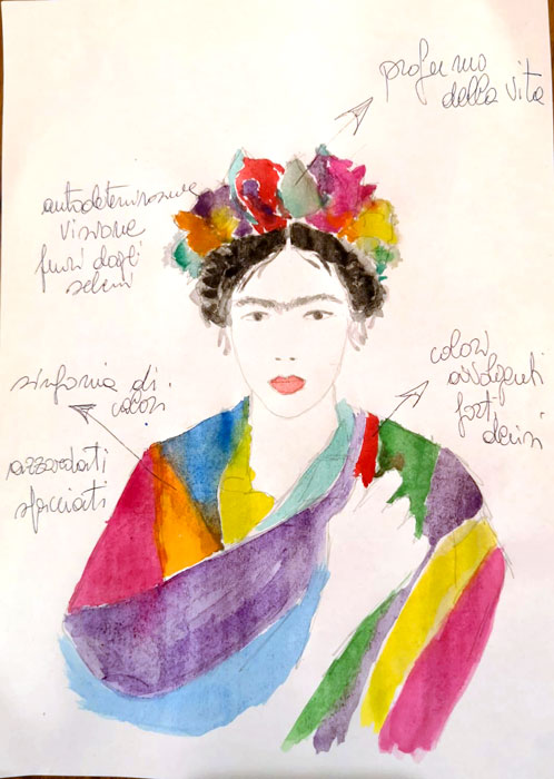 Acquarello di Frida Kahlo, realizzato a mano da Valeria Sechi come ispirazione per stole Misto Sera Vipuntozero