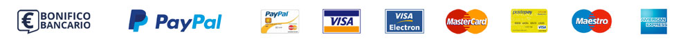 Una serie di icone con i pagamenti disponibili sul sito: bonifico bancario, Paypal e diverse carte di credito